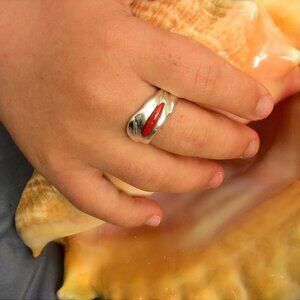Beautiful Italian red coral open ring on .9999 pure silver